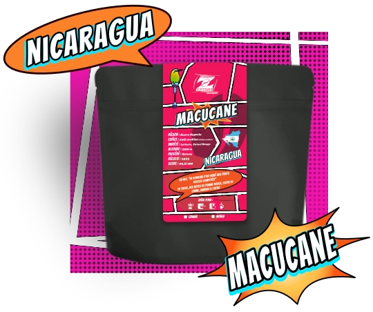 Sachet de café arabica de spécialité ( specialty coffee ) torréfié à la torréfaction zannelli en drôme provençale ( buis les baronnies ) origine Nicaragua Macucane
