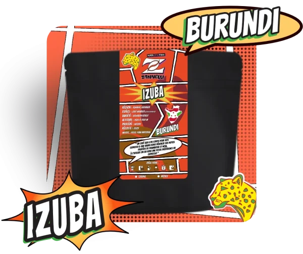 Sachet de café arabica de spécialité ( specialty coffee ) torréfié à la torréfaction zannelli en drôme provençale ( buis les baronnies ) origine Burundi Izuba