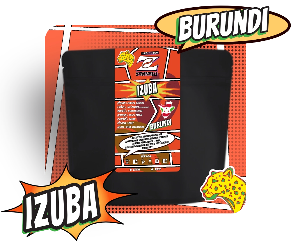 Sachet de café arabica de spécialité ( specialty coffee ) torréfié à la torréfaction zannelli en drôme provençale ( buis les baronnies ) origine Burundi Izuba