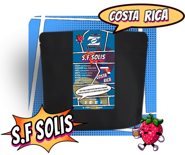 Sachet de café arabica de spécialité ( specialty coffee ) torréfié à la torréfaction zannelli en drôme provençale ( buis les baronnies ) origine Costa Rica SF Solis