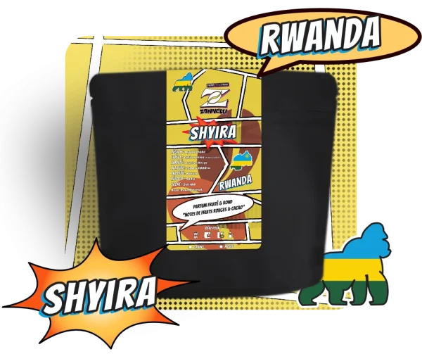 Sachet de café arabica de spécialité ( specialty coffee ) torréfié à la torréfaction zannelli en drôme provençale ( buis les baronnies ) origine Rwanda Shyira