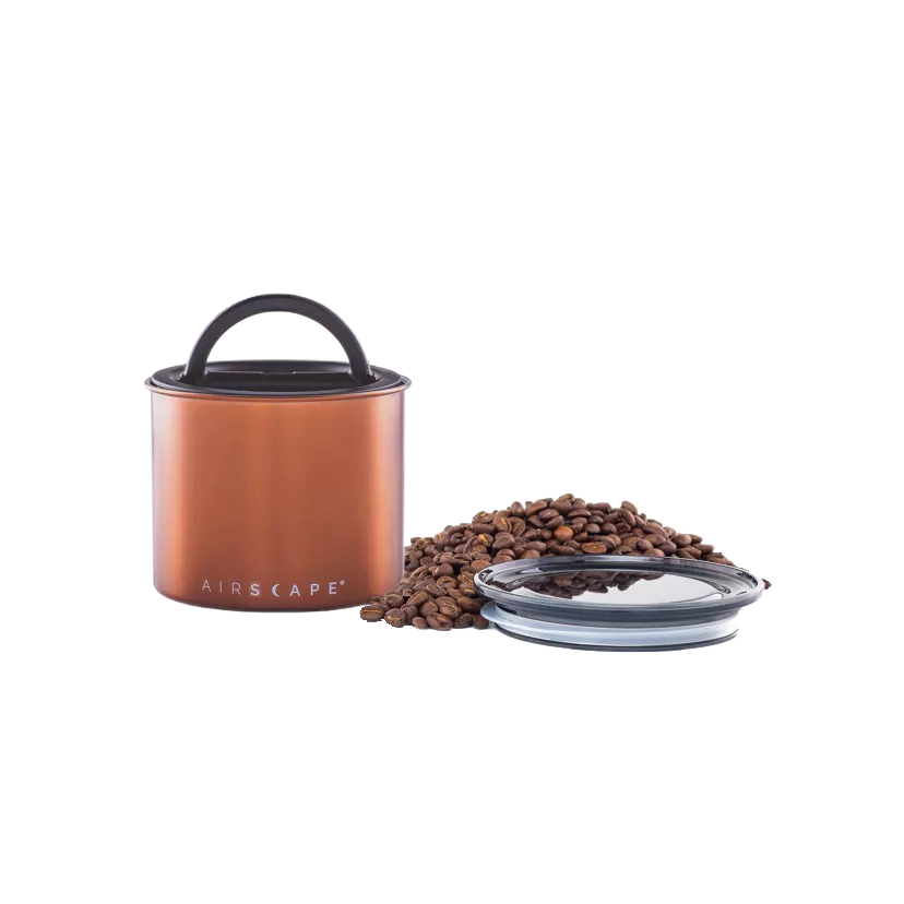 Boite Airscape couleur cuivre pour la conservation du café de spécialité en grains ou moulu - Torréfaction Zannelli à 26170 Buis Les Baronnies en drôme provence