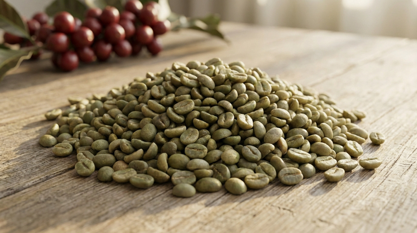 grains de café vert specialty coffee et cerises de café en fond - cafés zannelli torréfacteur à buis-les-baronnies- 26170 - Drôme Provence