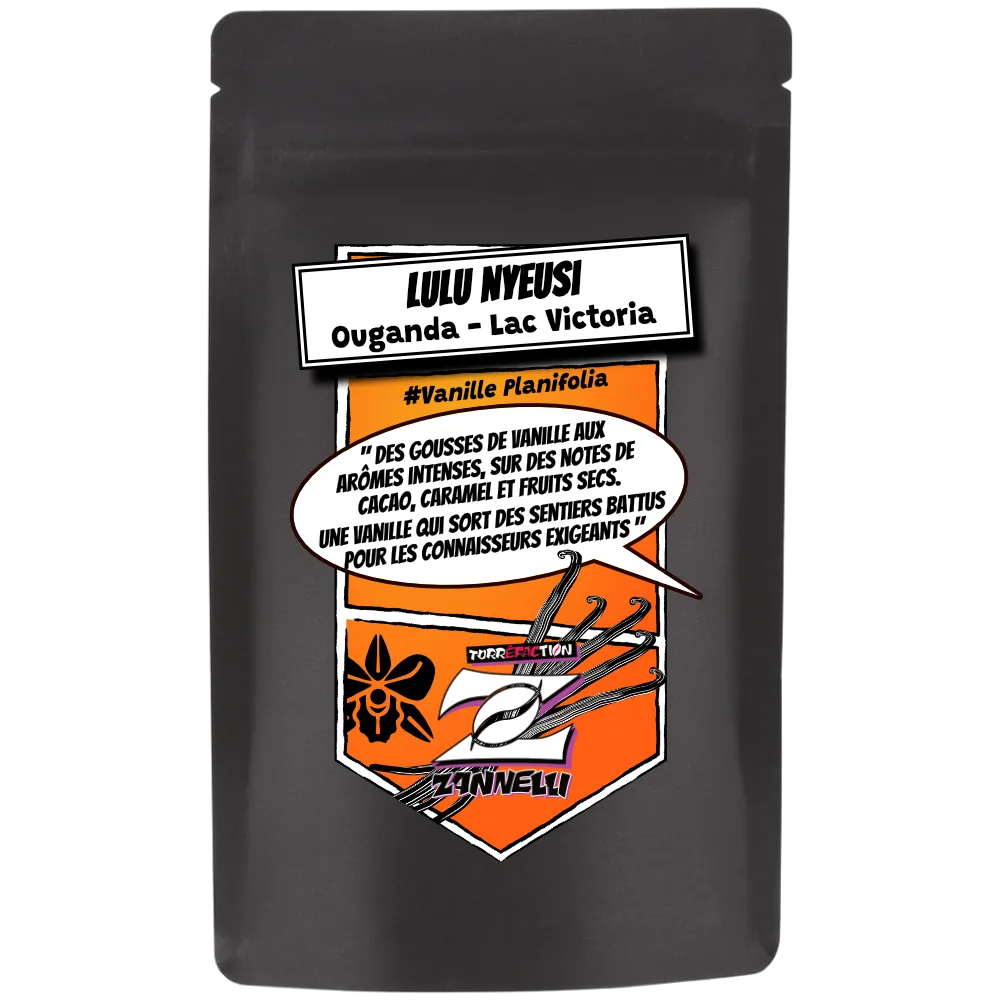 Sachet Etiquette gousse de vanille Ouganda planifolia Lulu Nyeusi - 26170 Buis-Les-Baronnies Drôme Provençale - Torréfaction Cafés Zannelli
